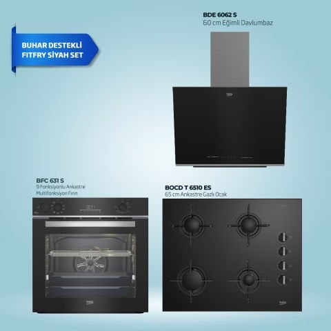 Beko Buhar Destekli Fitfry Siyah Ankastre Set