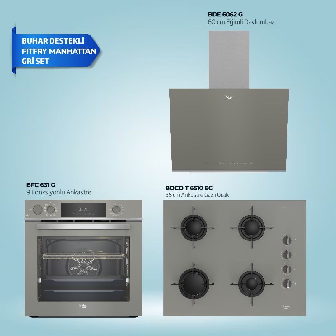 Beko Buhar Destekli Fitfry Manhattan Gri Ankastre Set