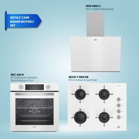 Beko Beyaz Cam Buhar Destekli Ankastre Set